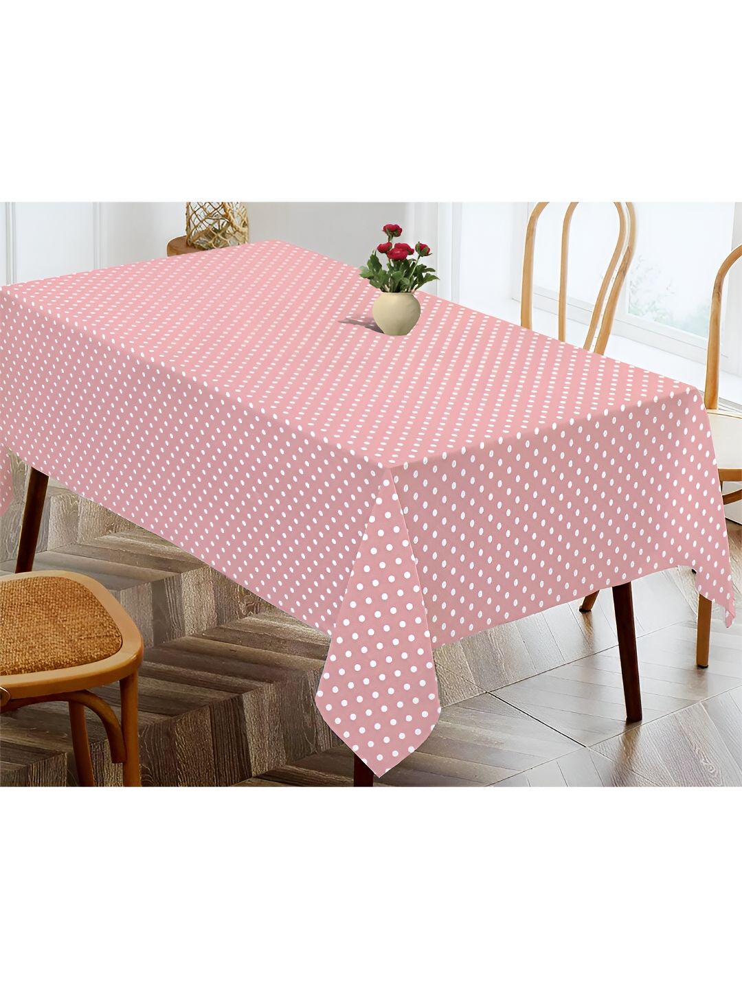 OASIS Pink & White Polka Dot Printed Cotton Rectangular Shaped 4 Seater Table Cover
