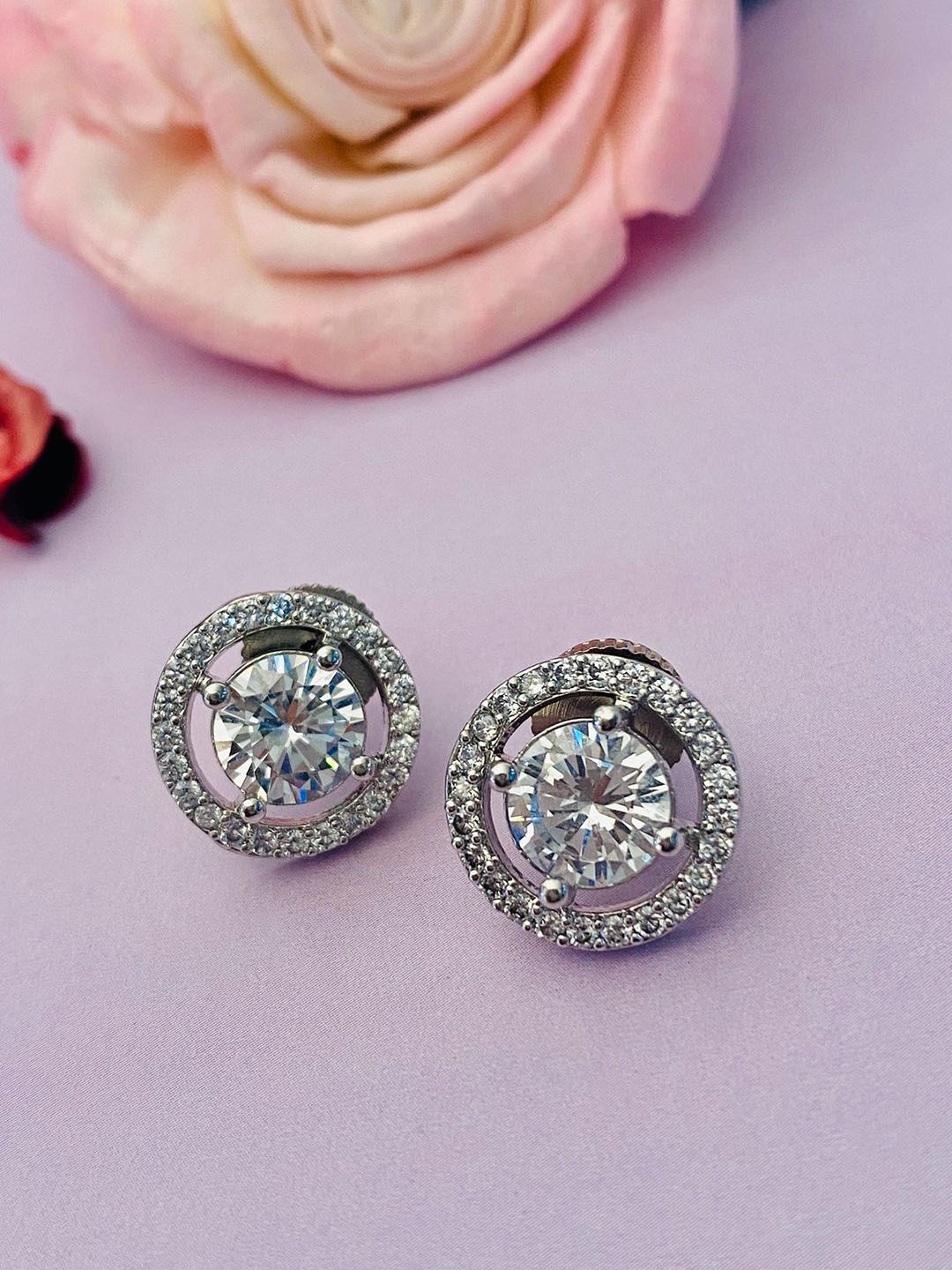 Anouk Silver-Toned Silver-Plated American Diamond Geometric Stud Earrings