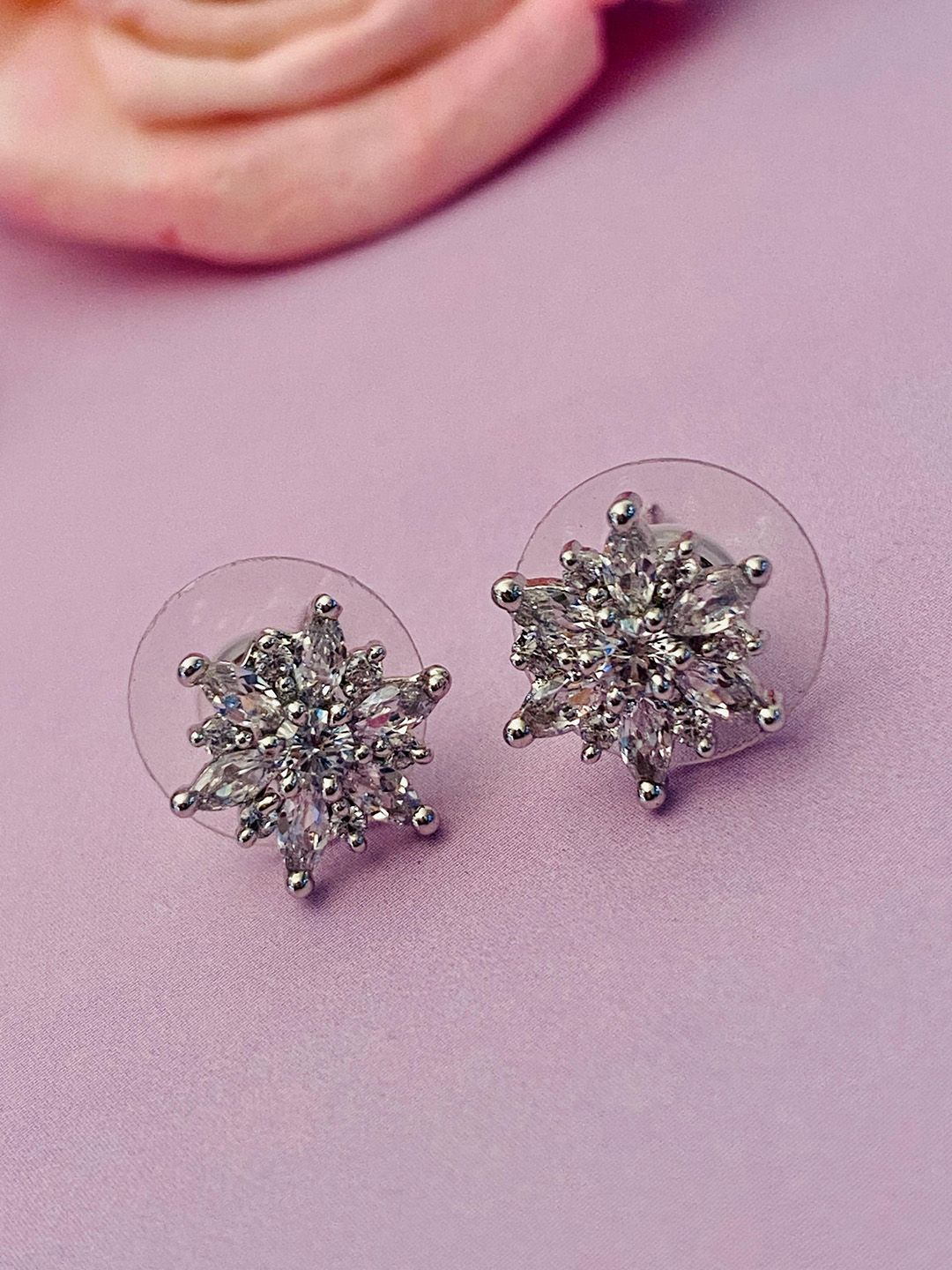 Anouk Silver-Toned Silver-Plated American Diamond Floral Stud Earrings