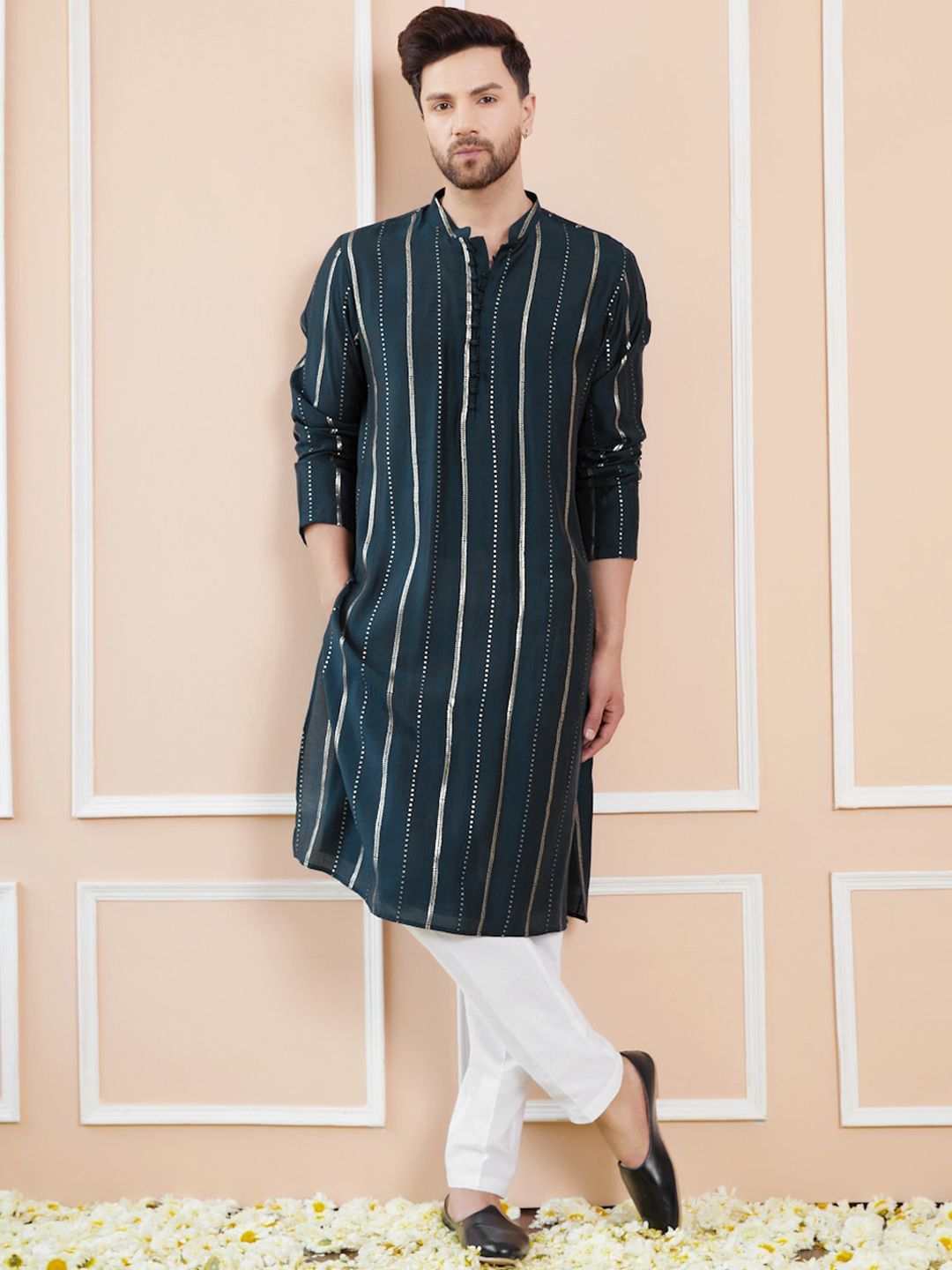 See Designs Striped Mandarin Collar Sequins Chanderi Silk A-Line Kurta