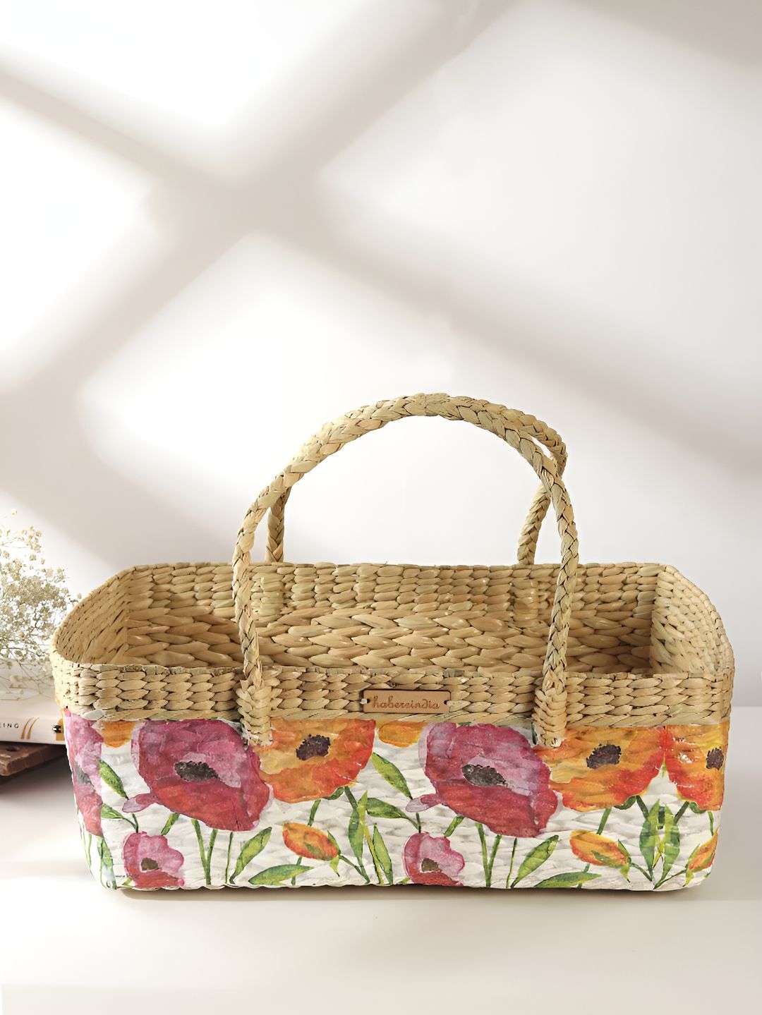 HABERE INDIA Bohemian White & Orange Printed Regular Seagrass Fruits Organiser