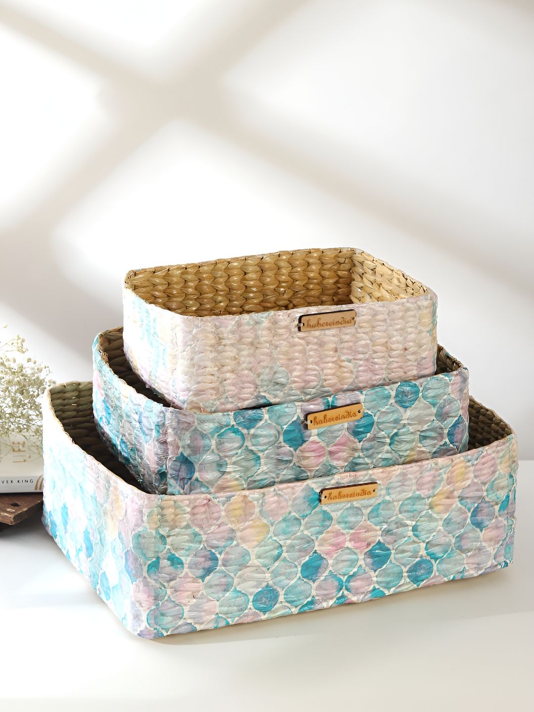 HABERE INDIA Bohemian Brown & Blue 3Pcs Printed Regular Tray Organisers