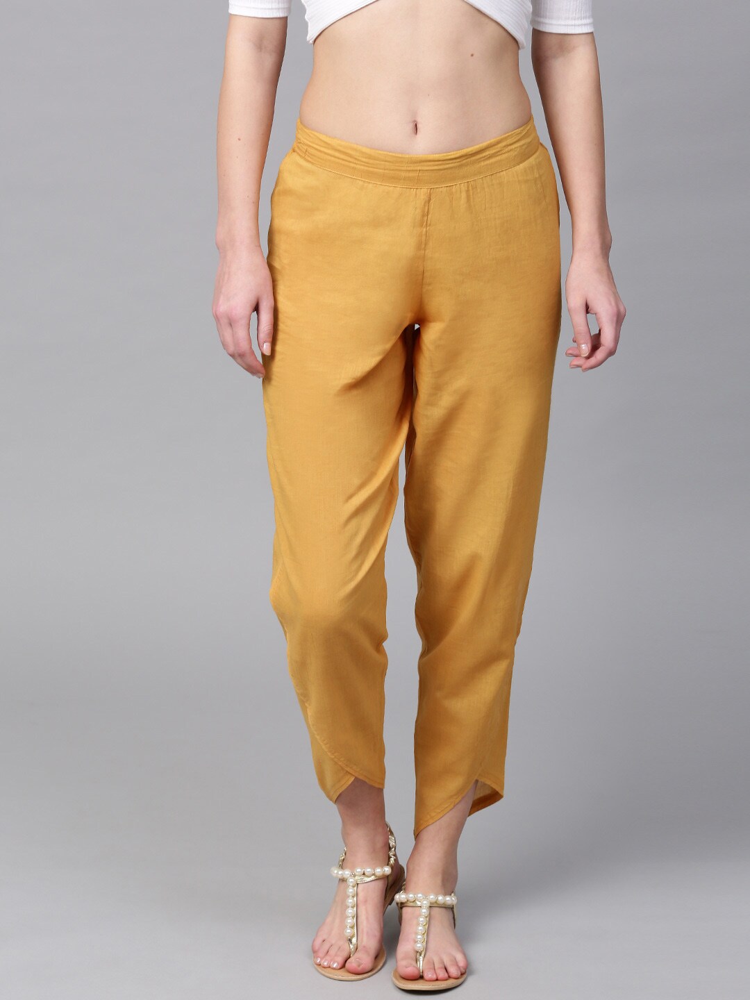 SASSAFRAS Women Mustard Yellow Regular Fit Solid Cropped Trousers Price in India