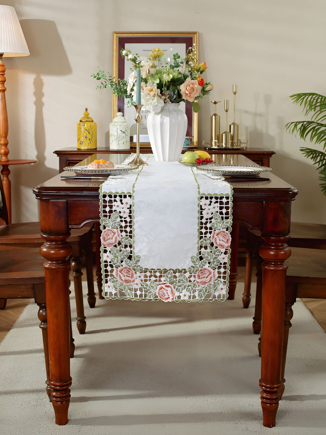 MONKDECOR White & Peach Embroidered Satin Table Runner