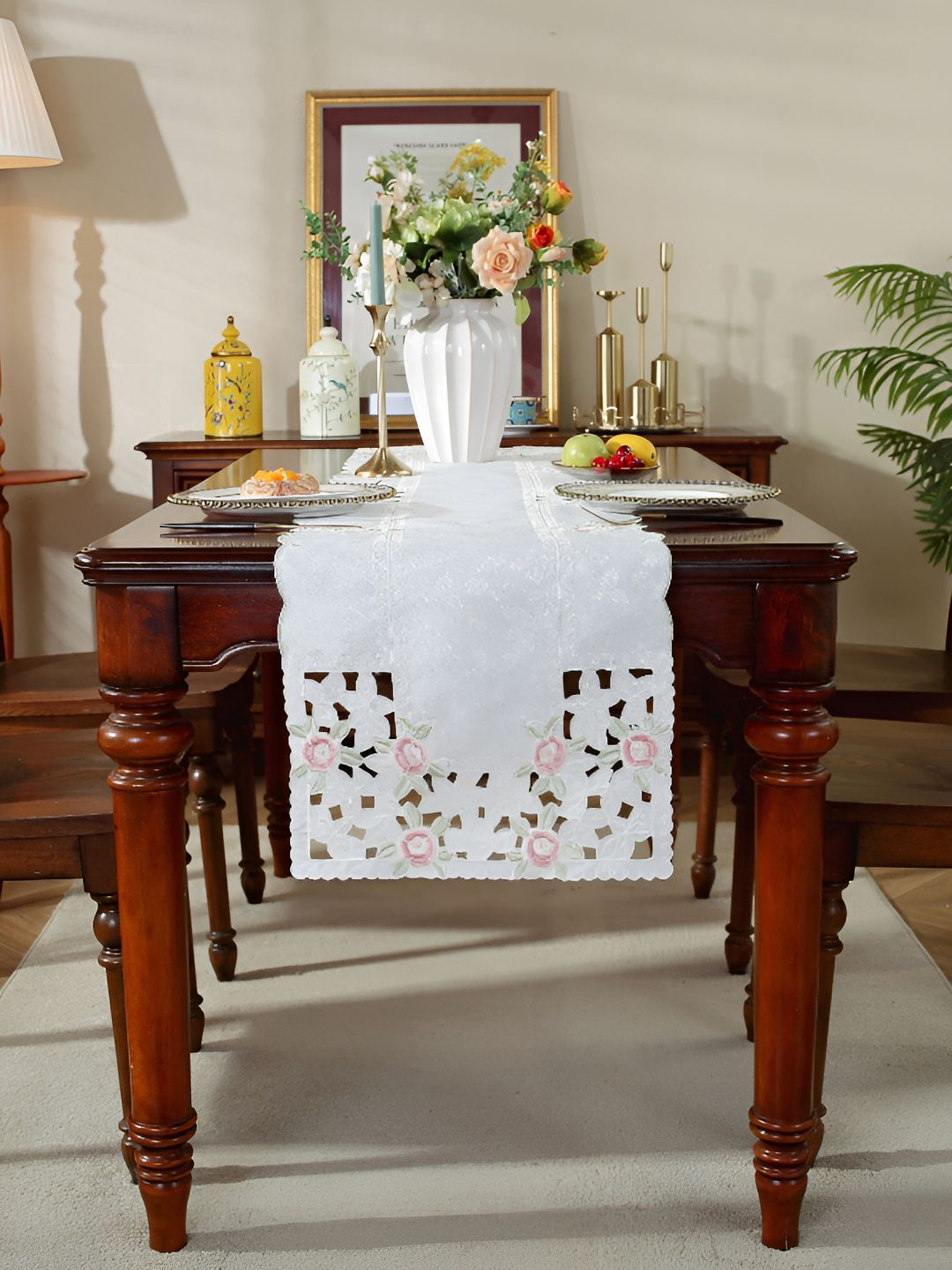 MONKDECOR White Embroidered Satin Table Runner