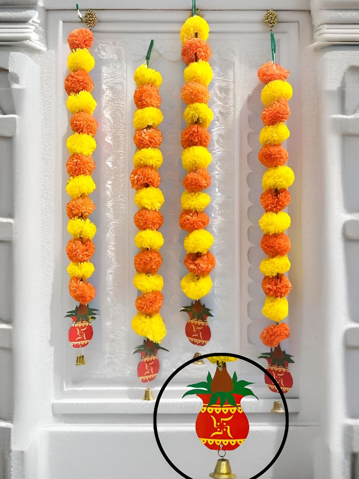 Akaar Yellow & Orange-Coloured 4-Pcs Kalash Marigold Hangings