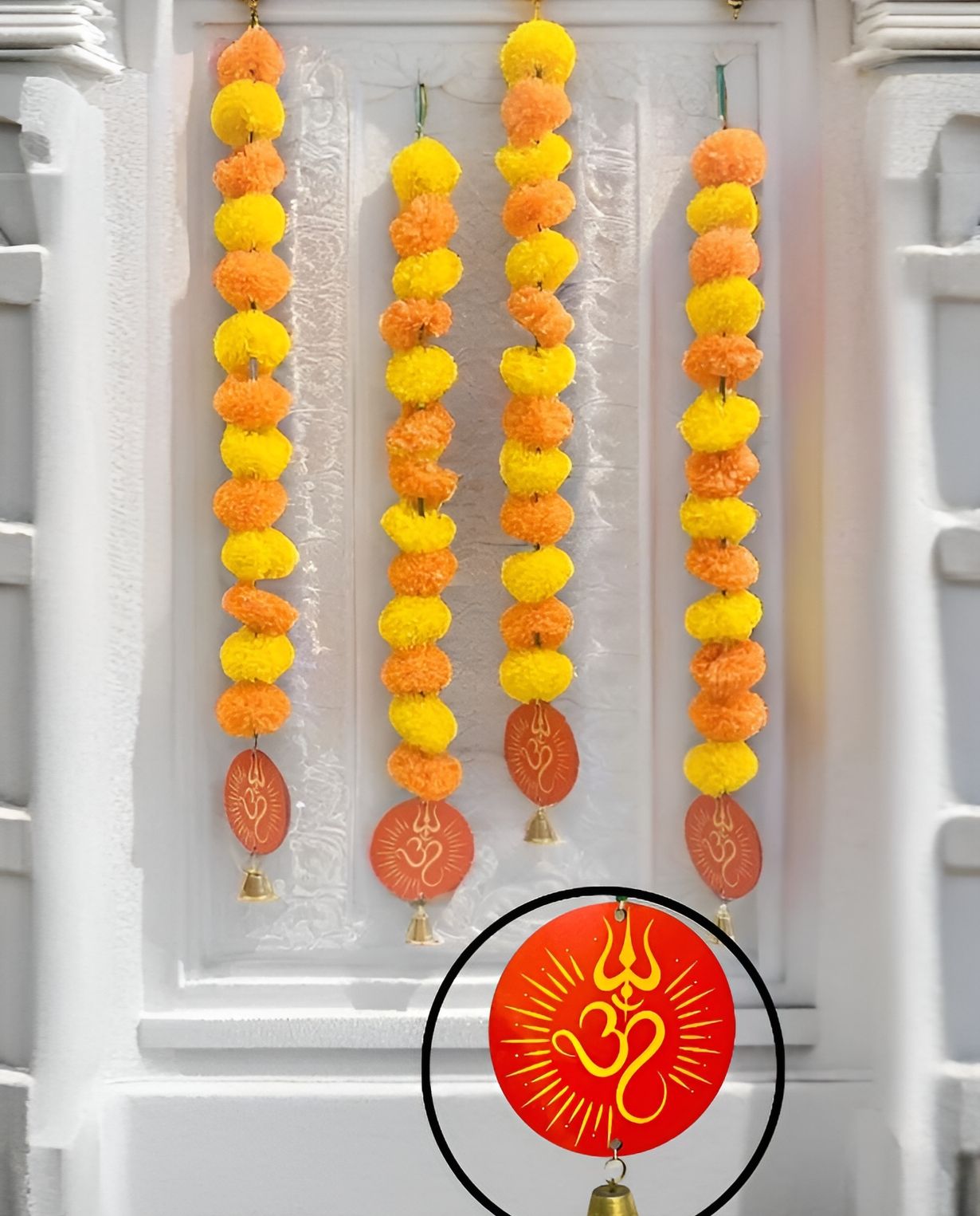 Akaar 4Pcs Yellow & Orange-Coloured Om Marigold Hangings