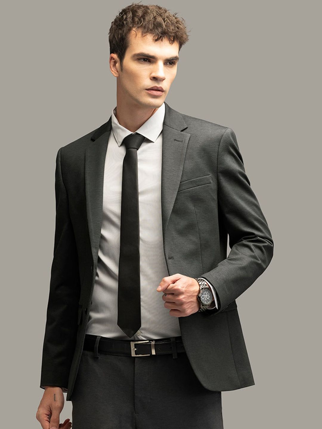 Snitch Grey Notched Lapel Single-Breasted Casual Blazer