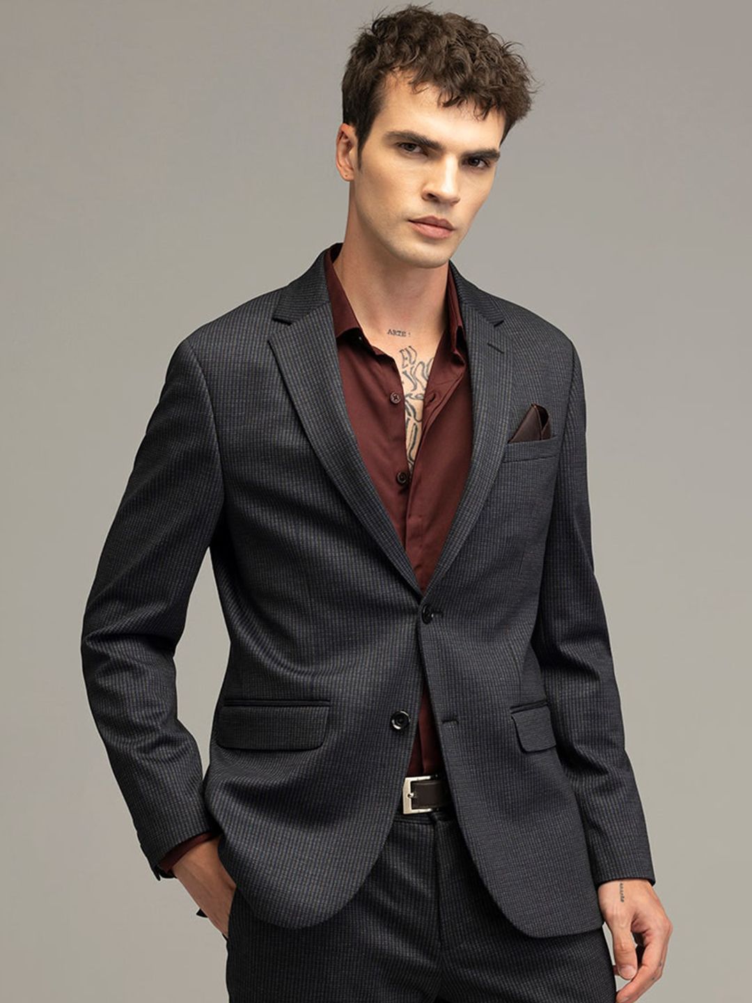 Snitch Grey Checked Notched Lapel Single-Breasted Casual Blazer