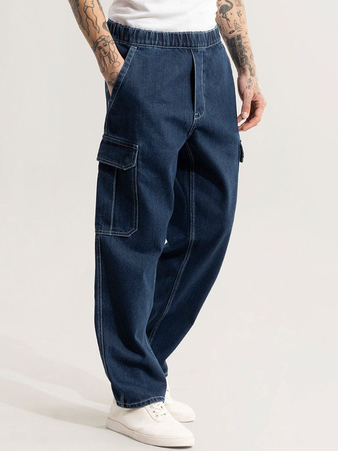 Snitch Men Navy Blue Mid-Rise Clean Look Pure Cotton Baggy Relaxed Fit Jeans