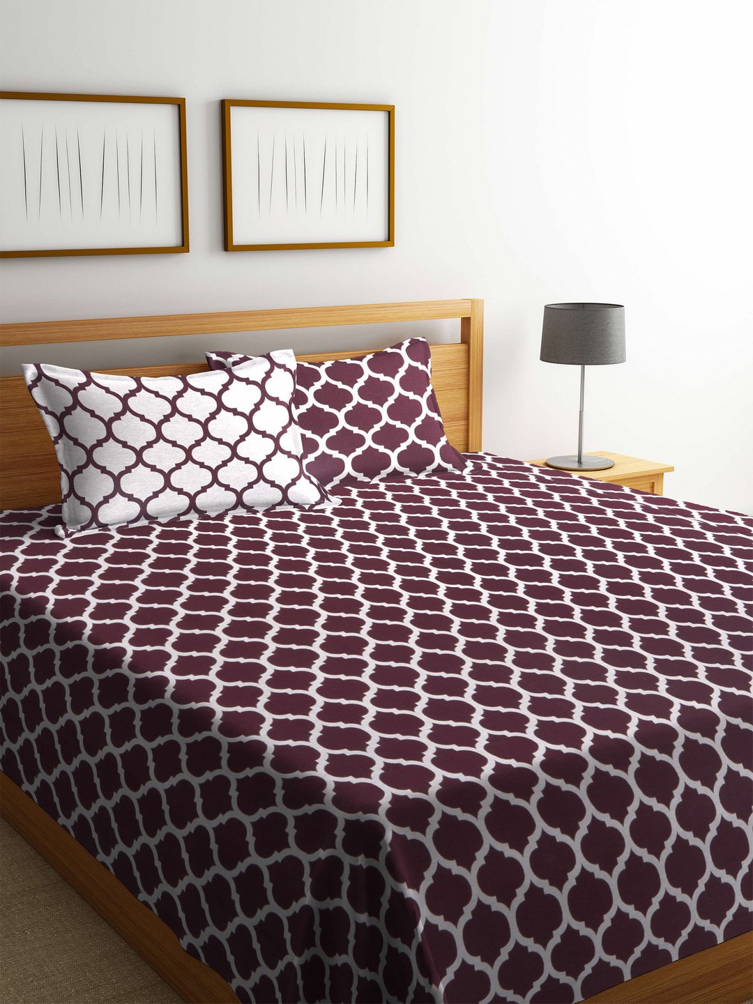Romee Maroon & White Printed Polycotton Reversible Double Bed Cover with 2 Pillow Covers Price in India