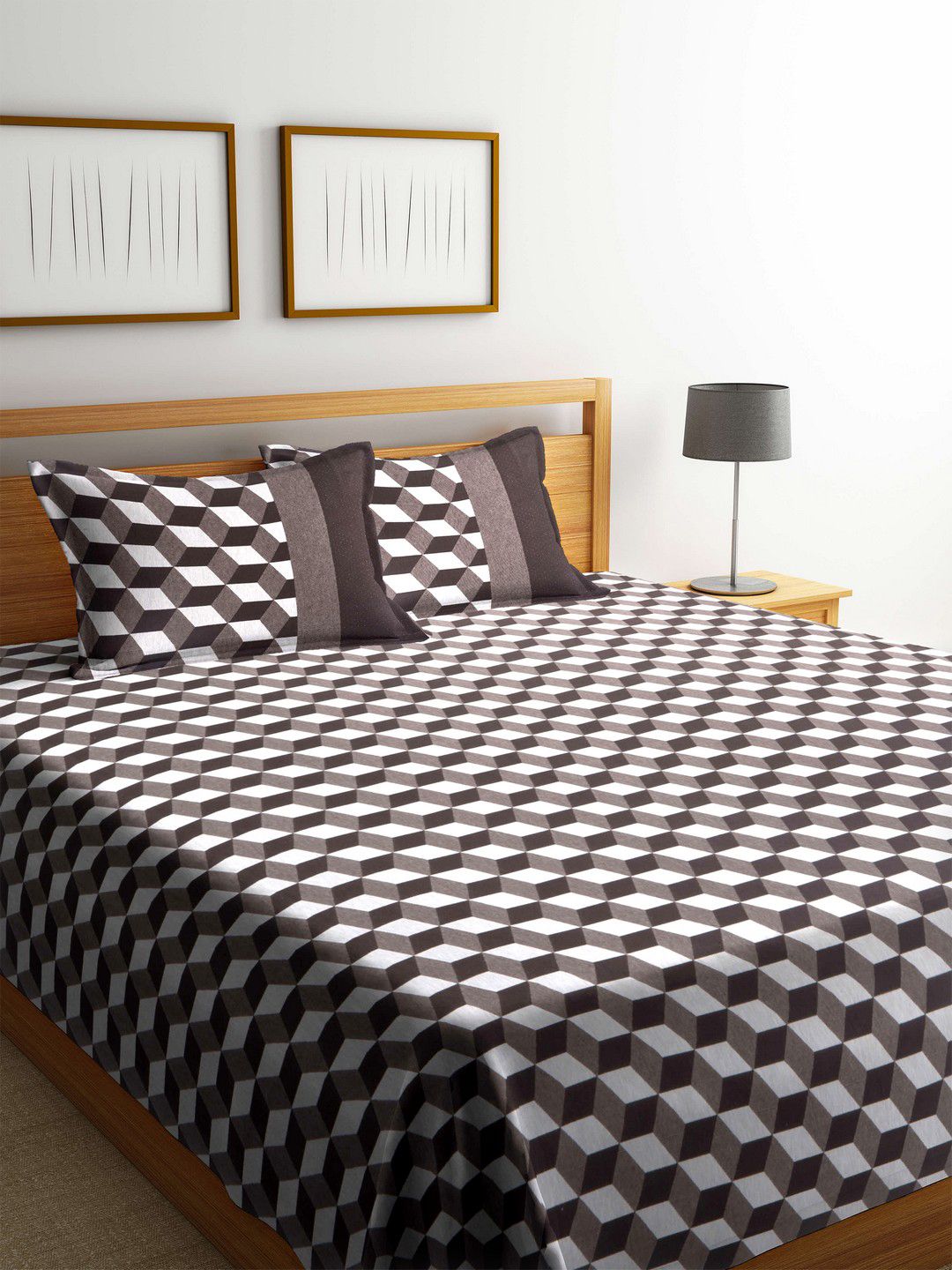 Romee Brown & White Printed Polycotton Reversible Double Bed Cover with 2 Pillow Covers Price in India
