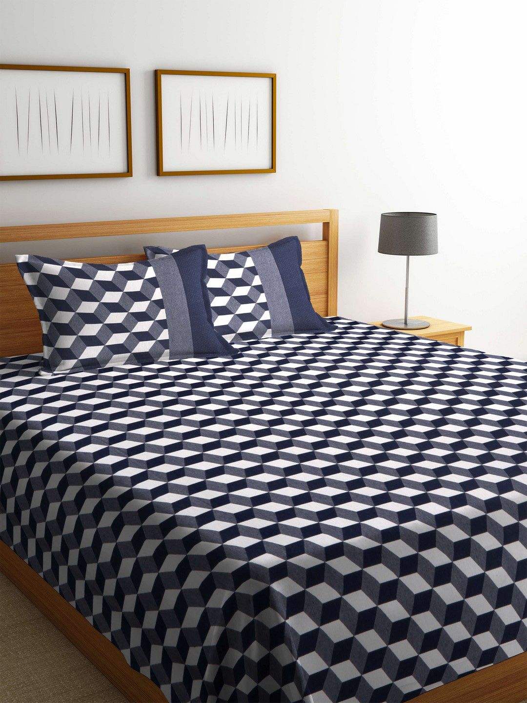 Romee Blue & White Printed Polycotton Reversible Double Bed Cover with 2 Pillow Covers Price in India