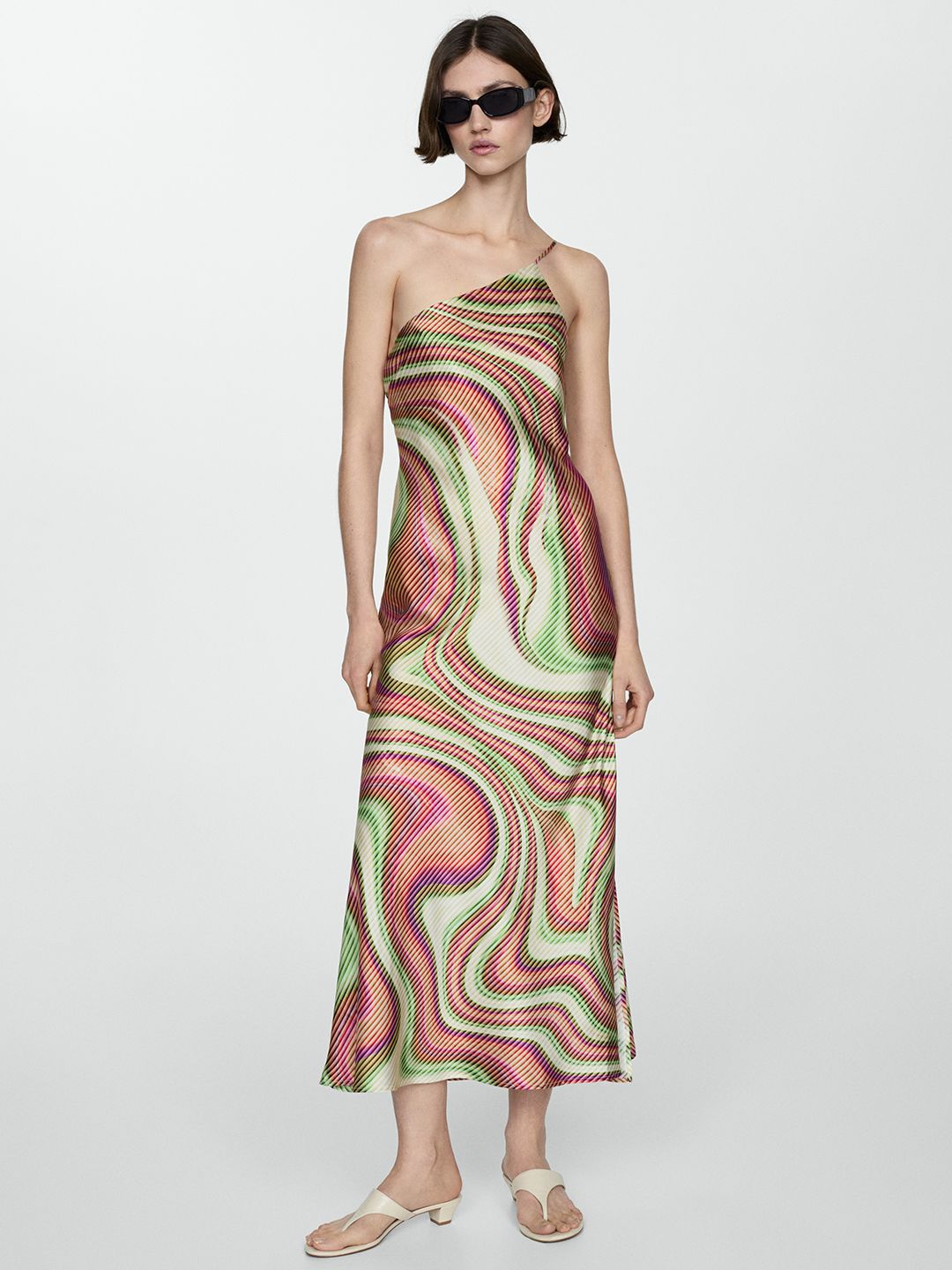 Marble Print One-Shoulder Satin A-Line Midi Dress