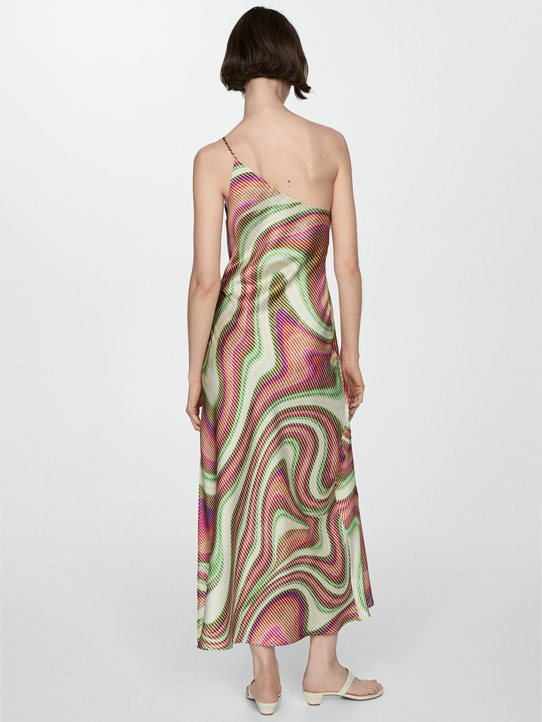 Marble Print One-Shoulder Satin A-Line Midi Dress
