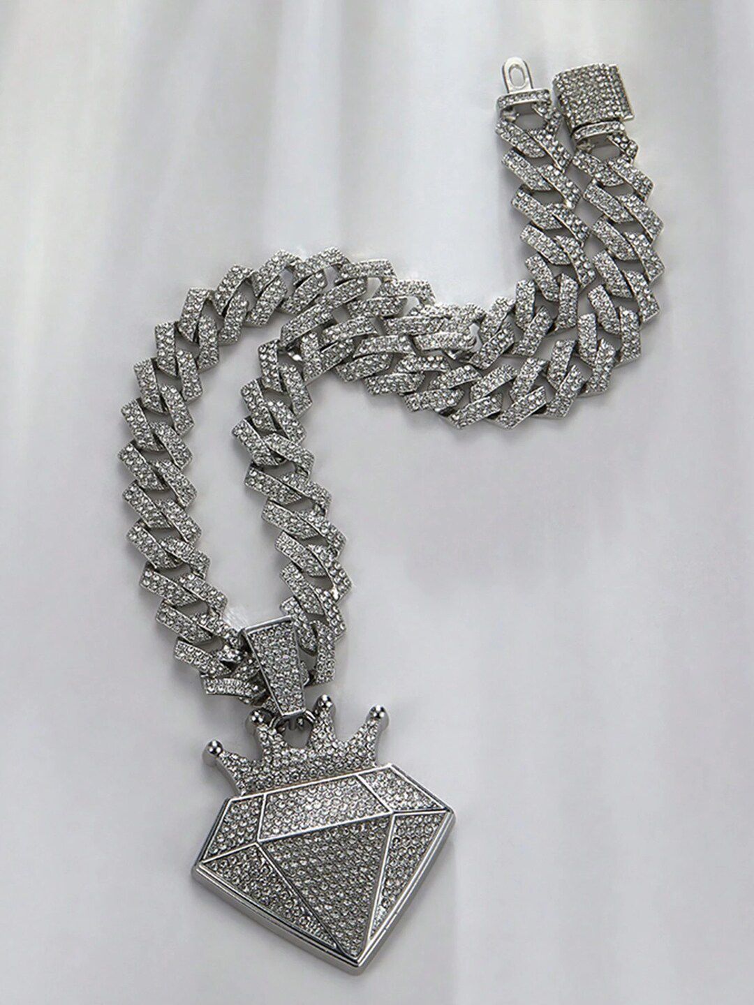 Krelin Men Silver-Plated Rhinestone Studded Hip Hop Style Crown Pendant with Chains