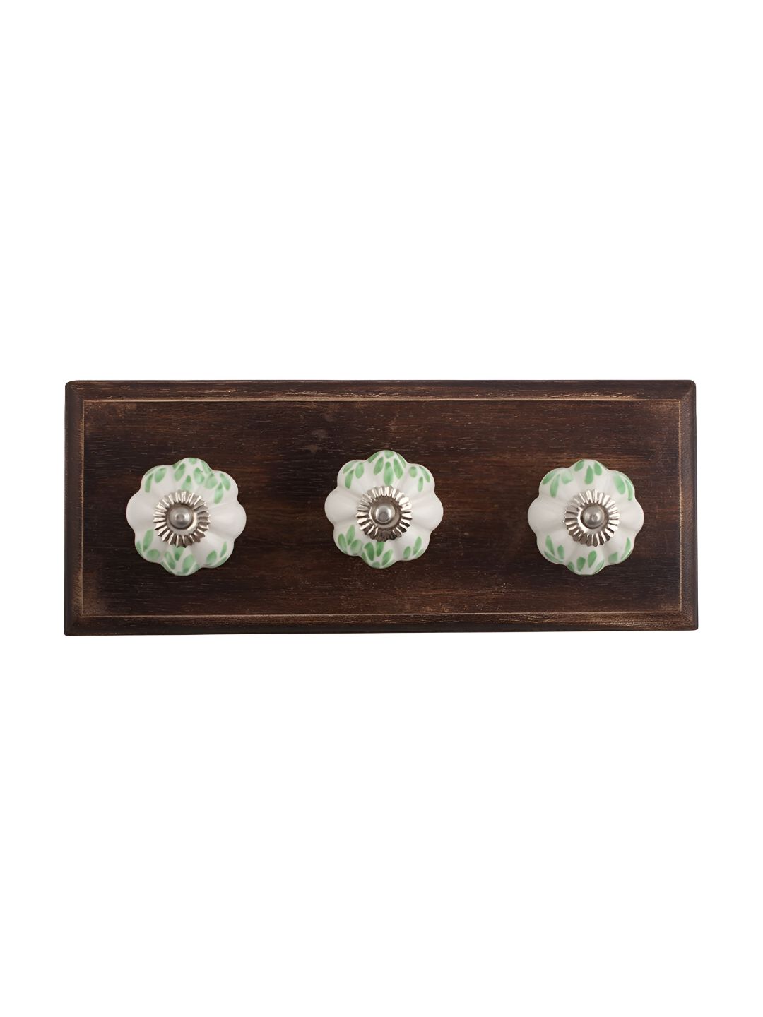 Indianshelf Green & White Leaf Printed Melon Rectangle Shape Wooden Wall Hook