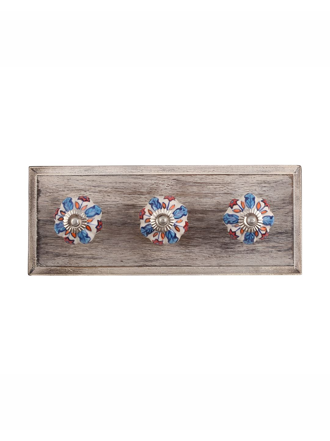 Indianshelf Blue & White Floral Printed Melon Rectangle Shape Wooden Wall Hook