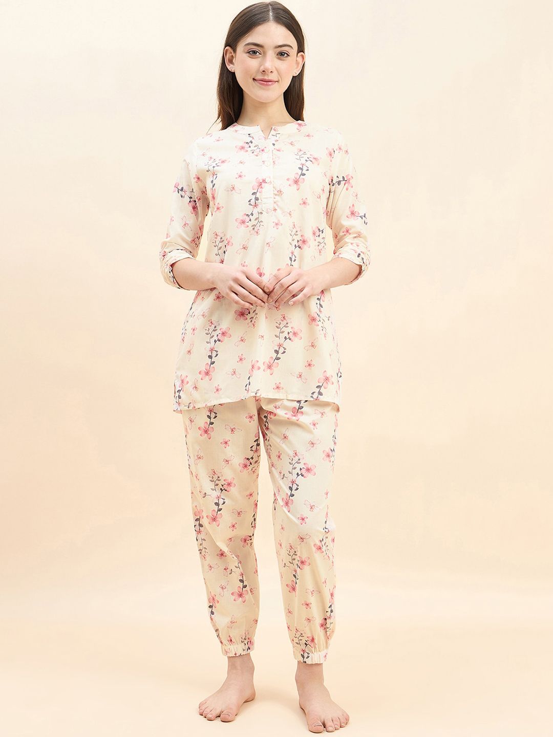 Sweet Dreams Pink Floral Printed Pue Cotton Kurti With Pyjamas