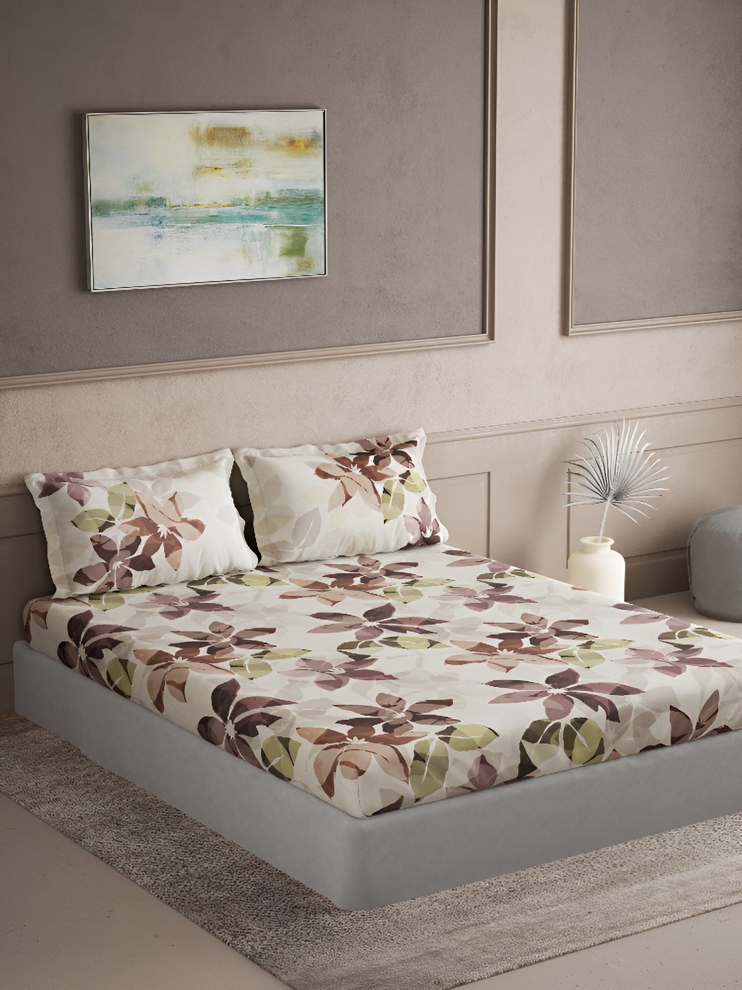 DDecor Live Beautiful Brown Floral Cotton 180 TC King Fine Bedsheet with 2 Pillow Covers-108 x 108 inches
