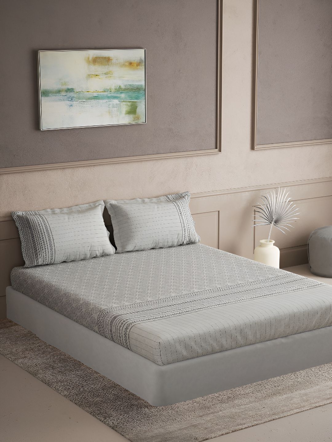 DDecor Live Beautiful Grey Ethnic Motifs Cotton 180 TC King Fine Bedsheet with 2 Pillow Covers-108 x 108 inches