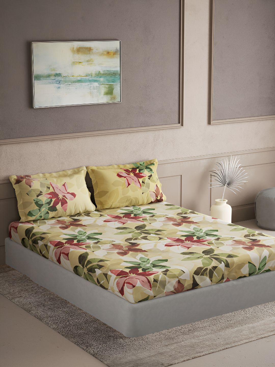DDecor Live Beautiful Yellow Floral Cotton 180 TC King Fine Bedsheet with 2 Pillow Covers-108 x 108 inches