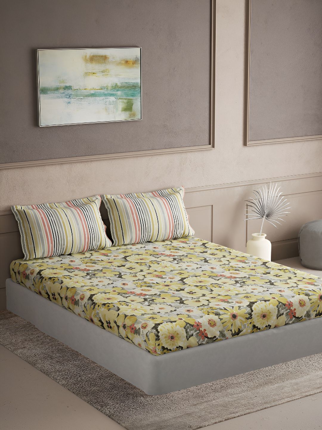 DDecor Live Beautiful Yellow Floral Cotton 180 TC Fitted King Fine Bedsheet