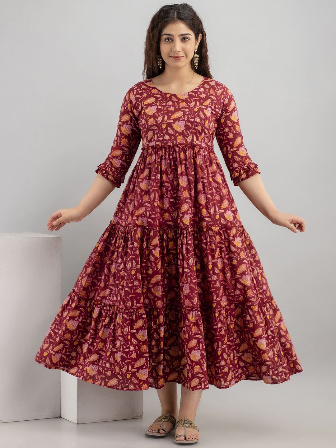 VARICOS Pure Cotton Printed Pregnancy Wear Maternity Maxi Dress With Nursing Zipper