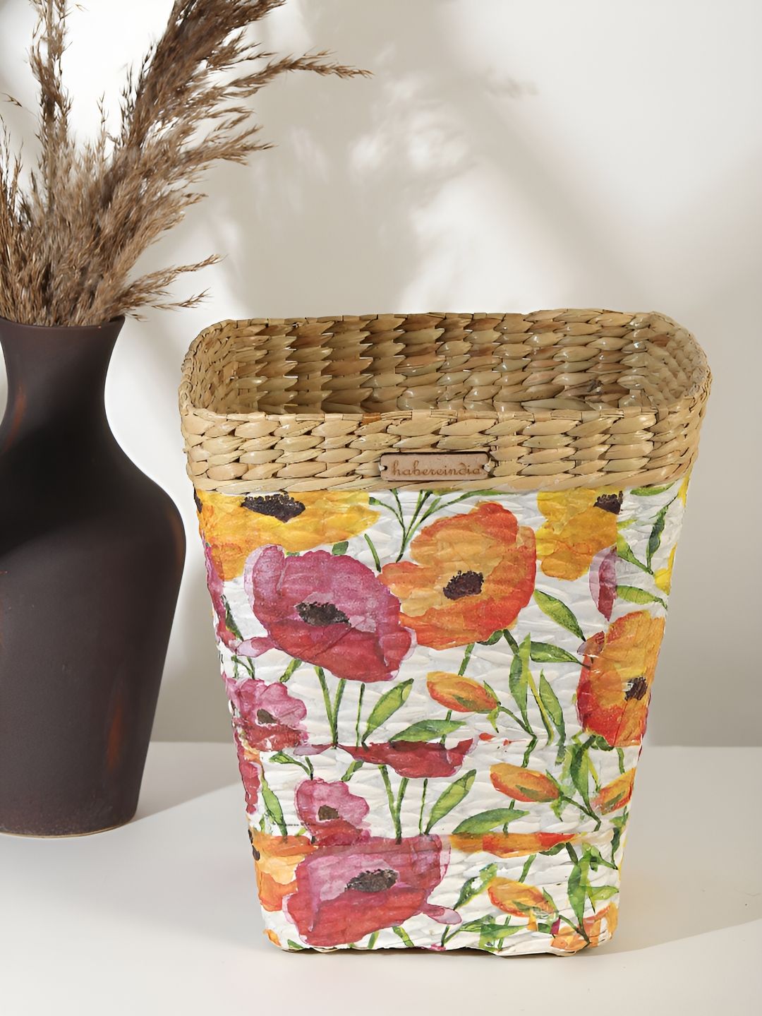 HABERE INDIA Beige & White Floral Printed Seagrass Open Dustbin