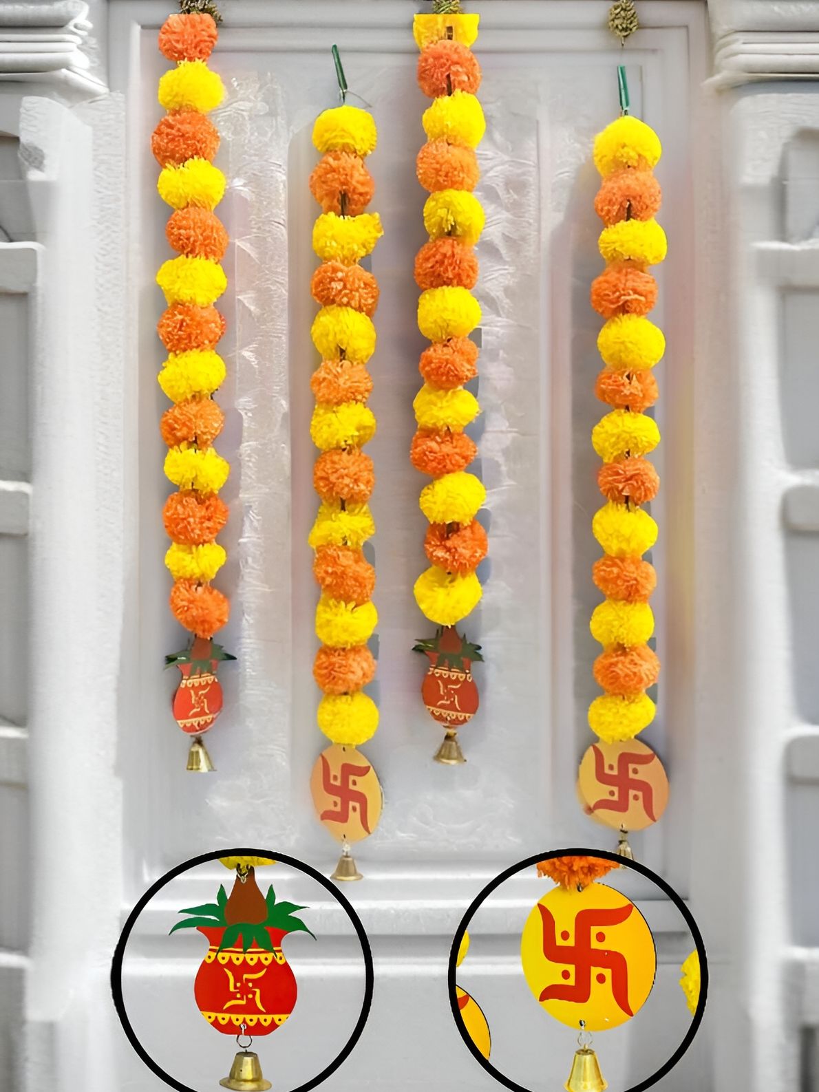 Akaar Yellow & Red 4 Pieces Swastik & Kalash Marigold Hangings