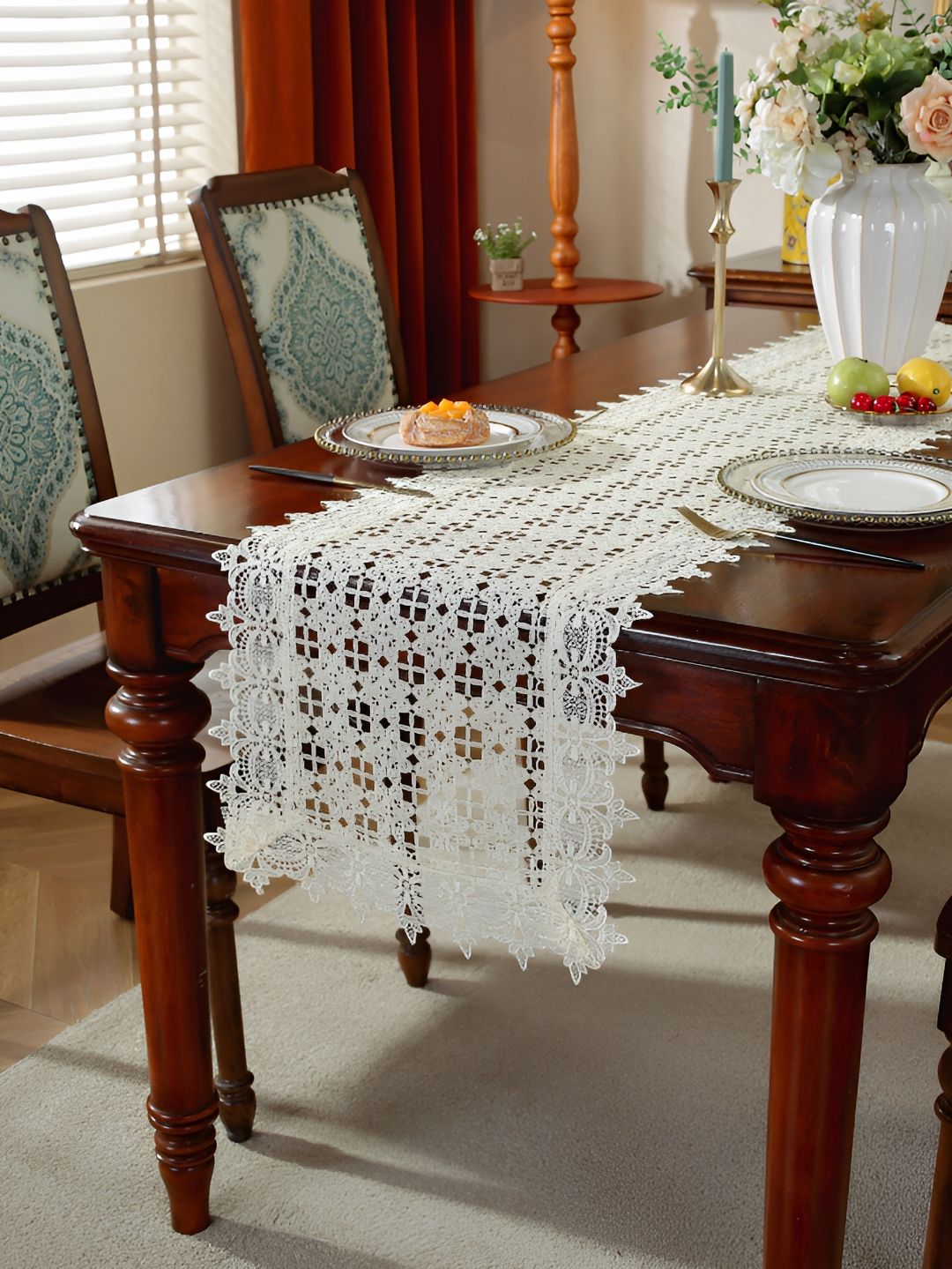 TANLOOMS Cream-Colored Self-Designed Table Runner