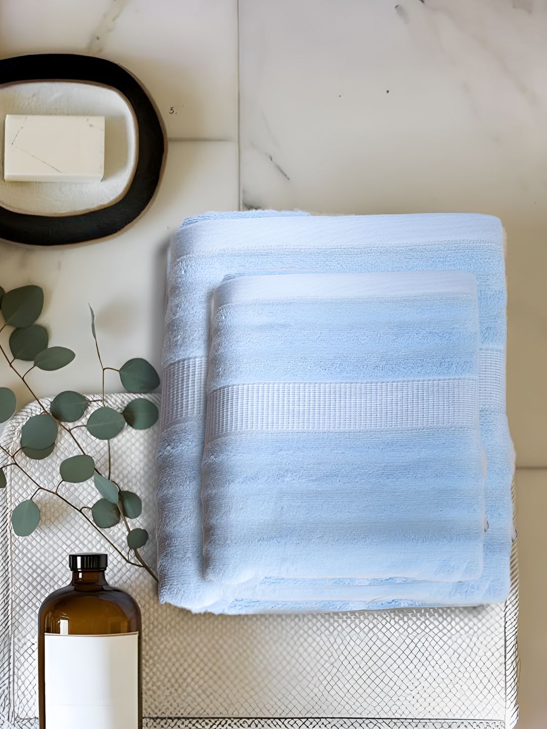 MUSH Blue 2 Piece Striped 100% Bamboo 500 GSM Towel