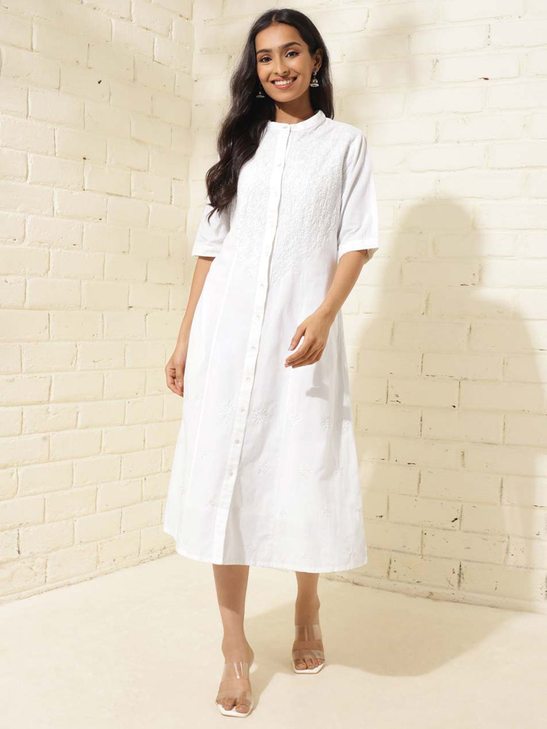 Buy Fabindia Chikankari Embroidered A-Line Midi Dress With Slip
