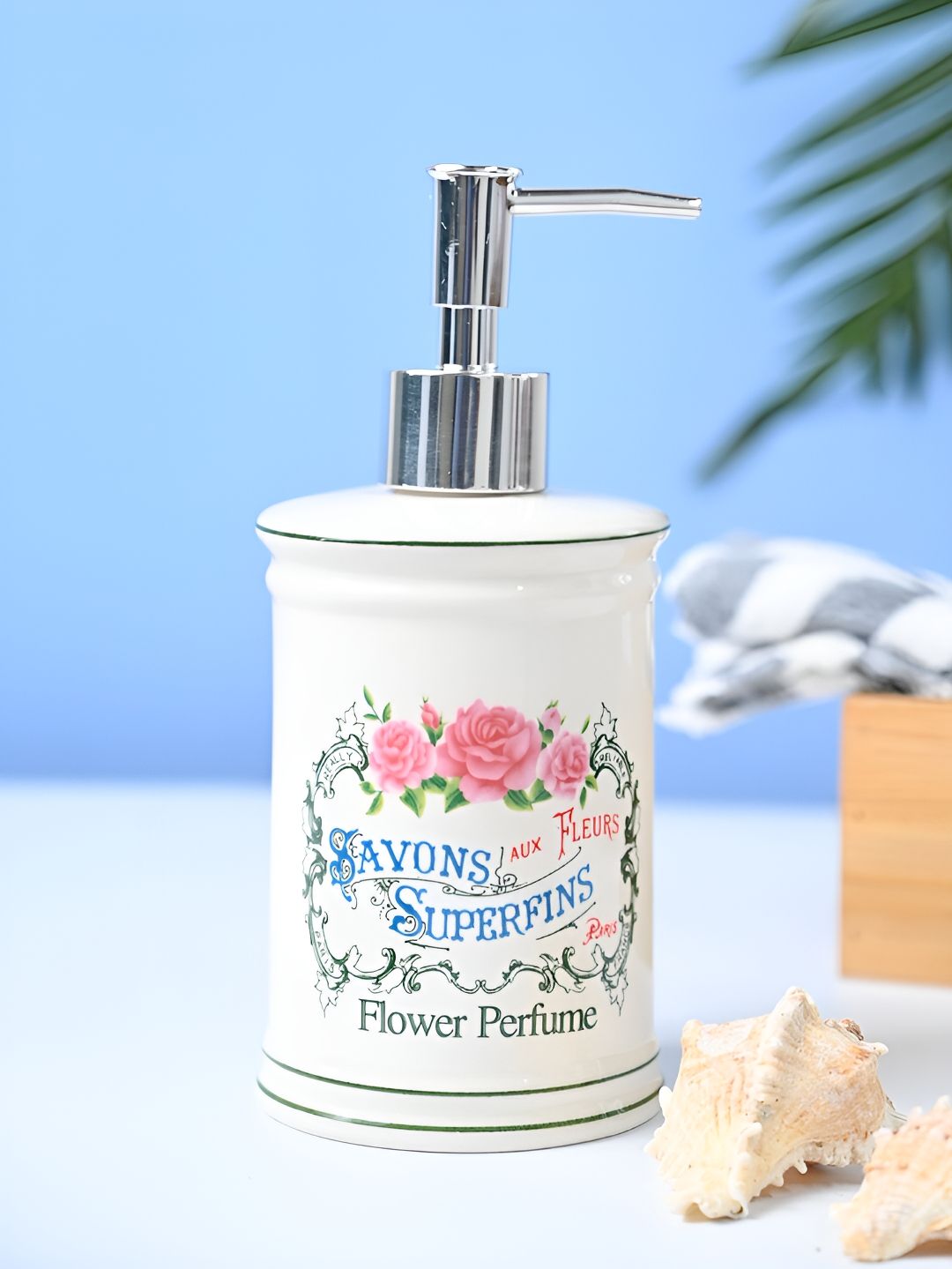 MARKET99 Off White & Pink Floral Glossy Contemporary Soap Dispenser 360 ml