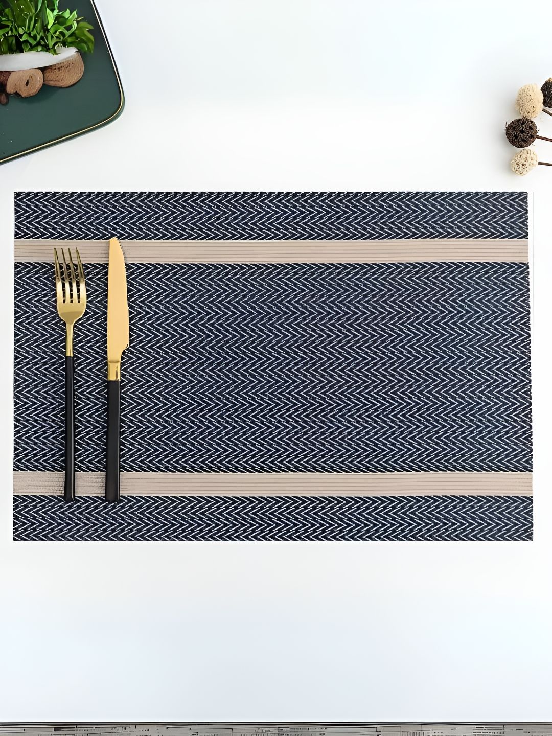 UniKart Navy Blue 10 Pieces Striped Rectangle Table Placemats