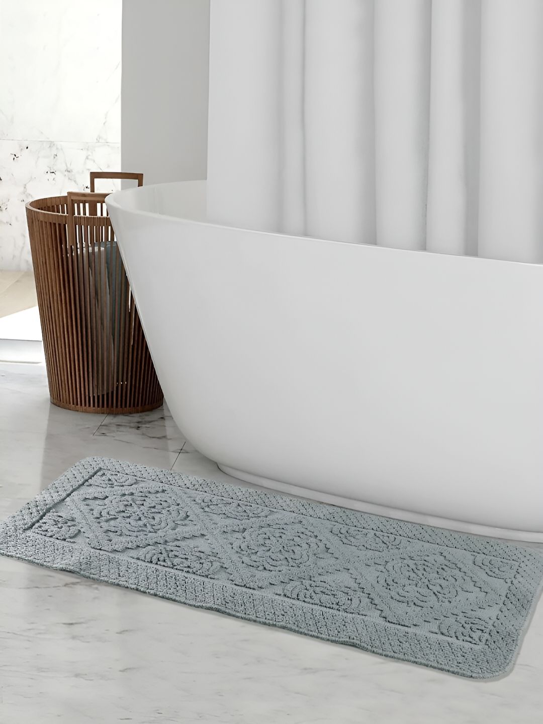 Saral Home Kaku Grey Self-Design 1000 GSM Cotton Anti-Skid Bath Runner