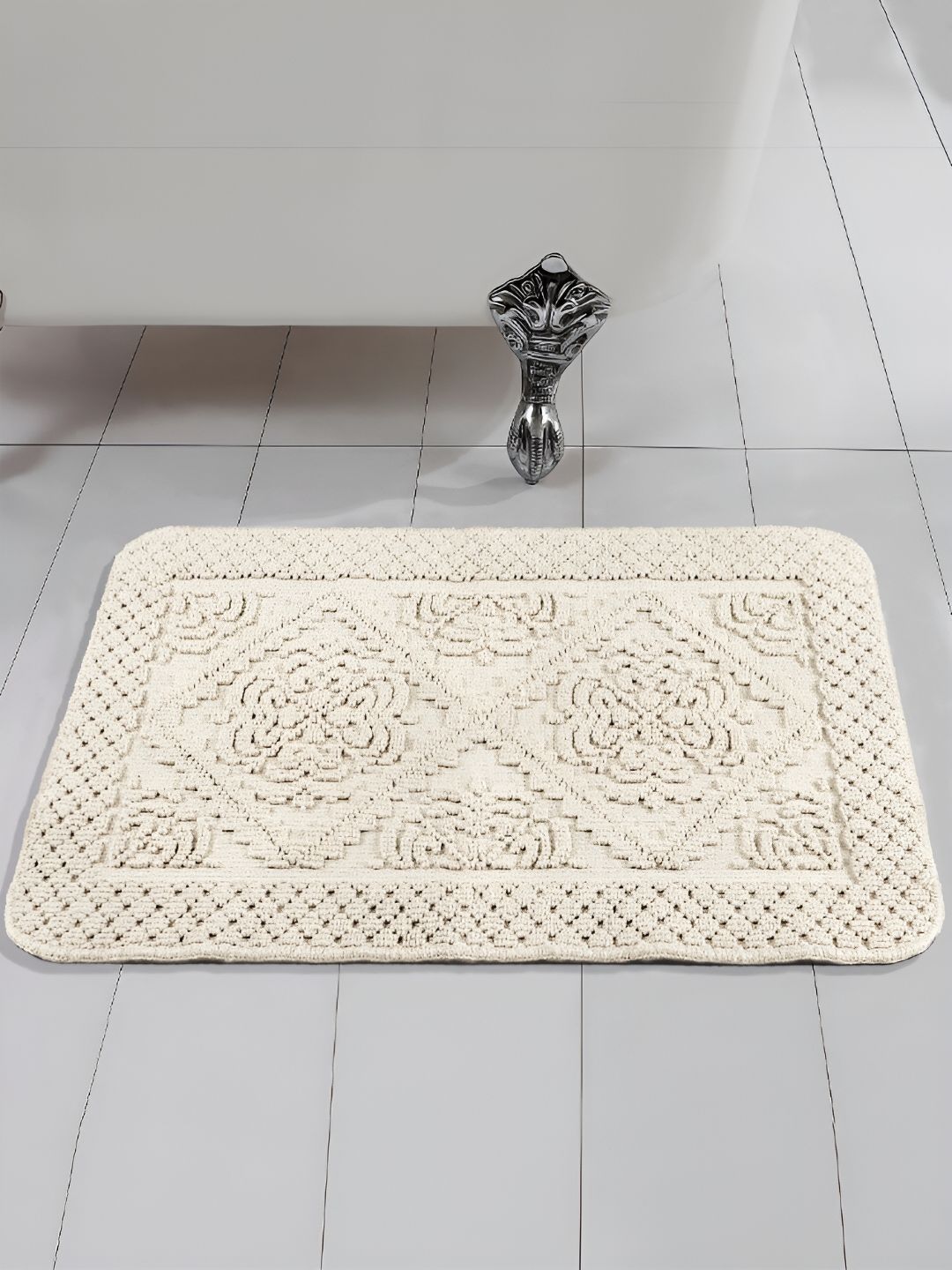 Saral Home Off White Textured 1000 GSM Cotton Anti-Skid Bath Rug