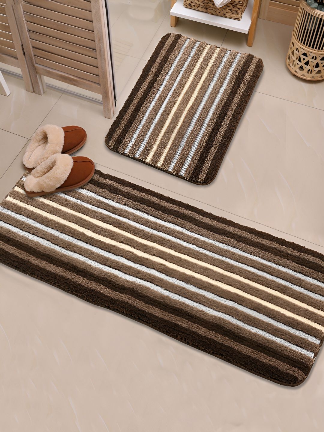 Saral Home Brown 2 Pieces Striped 650 GSM Cotton Antiskid Bath Mat & Runner