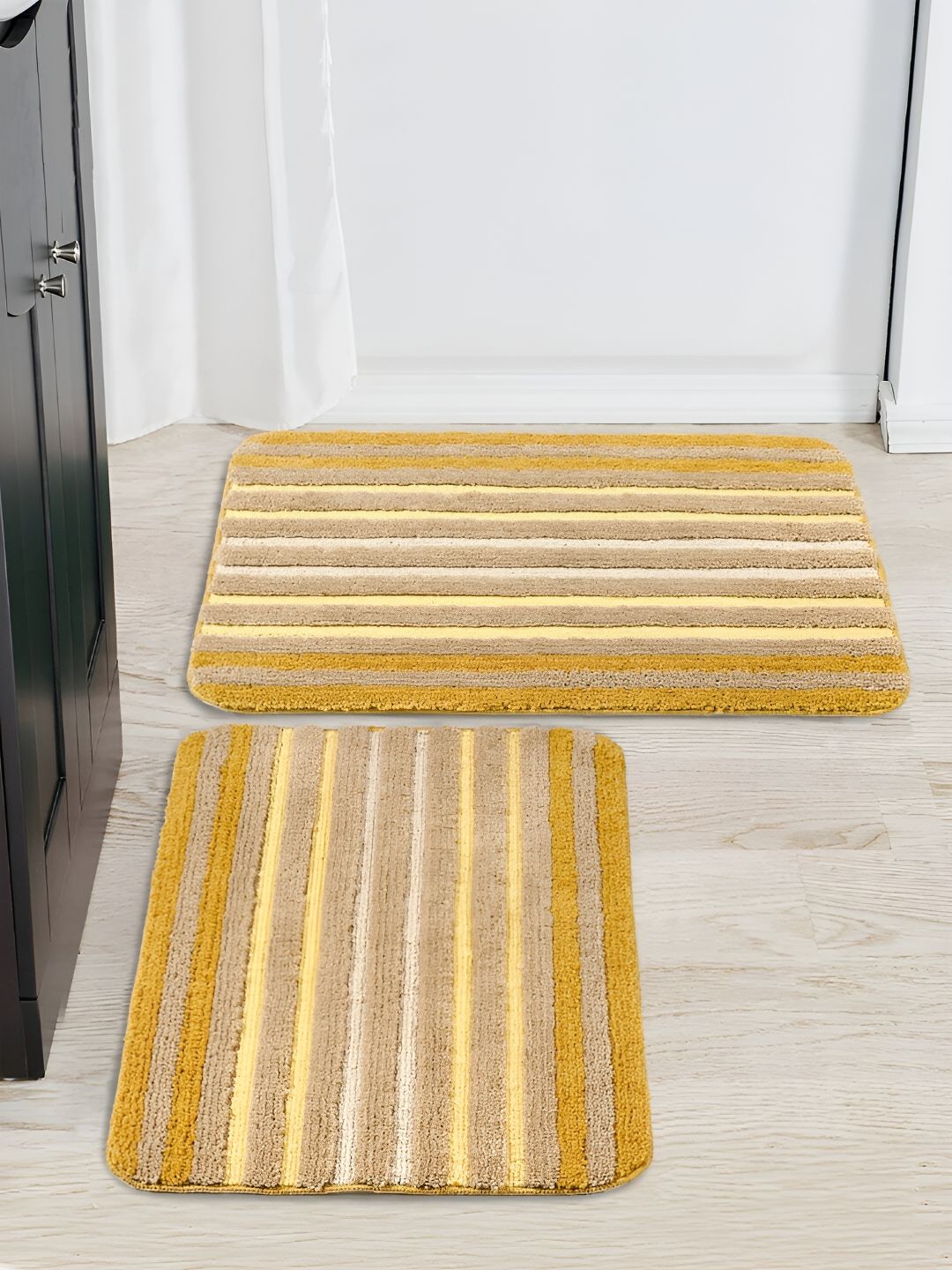Saral Home Yellow & Brown 2 Pieces Striped 1000 GSM Anti-Skid Bath Rugs