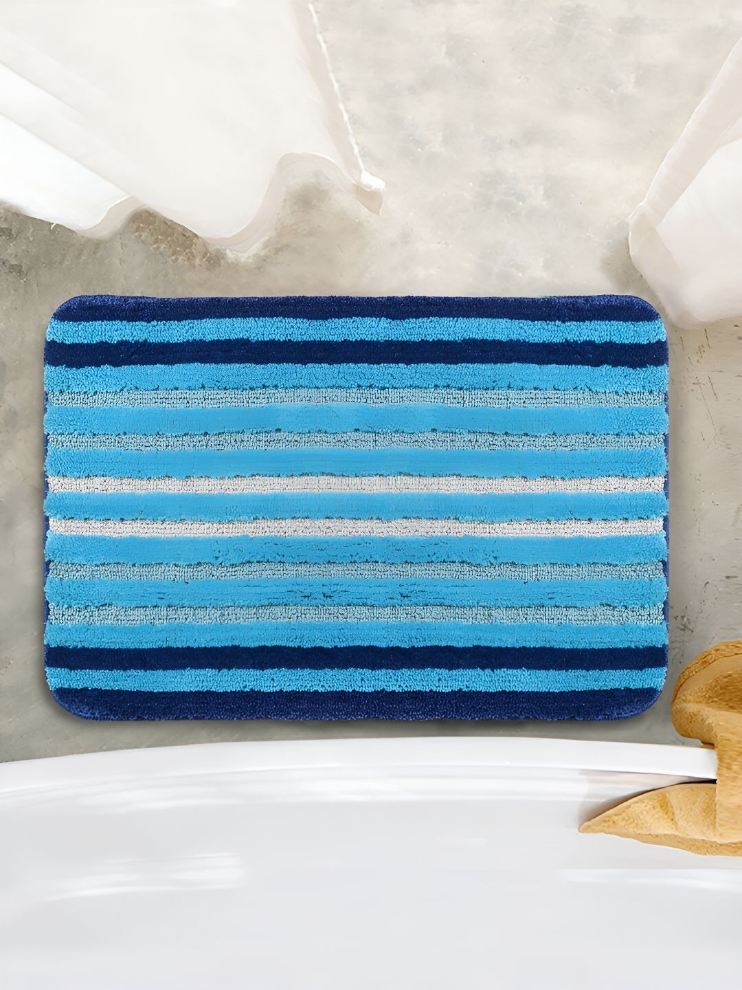 Saral Home Blue Striped 650 GSM Anti-Skid Bath Rug