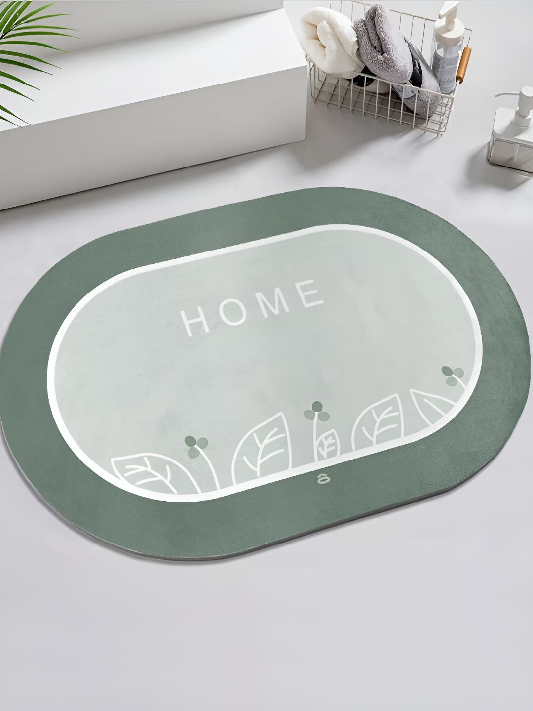 Saral Home Green & Grey Printed 1000 GSM Anti-Skid Bath Rug
