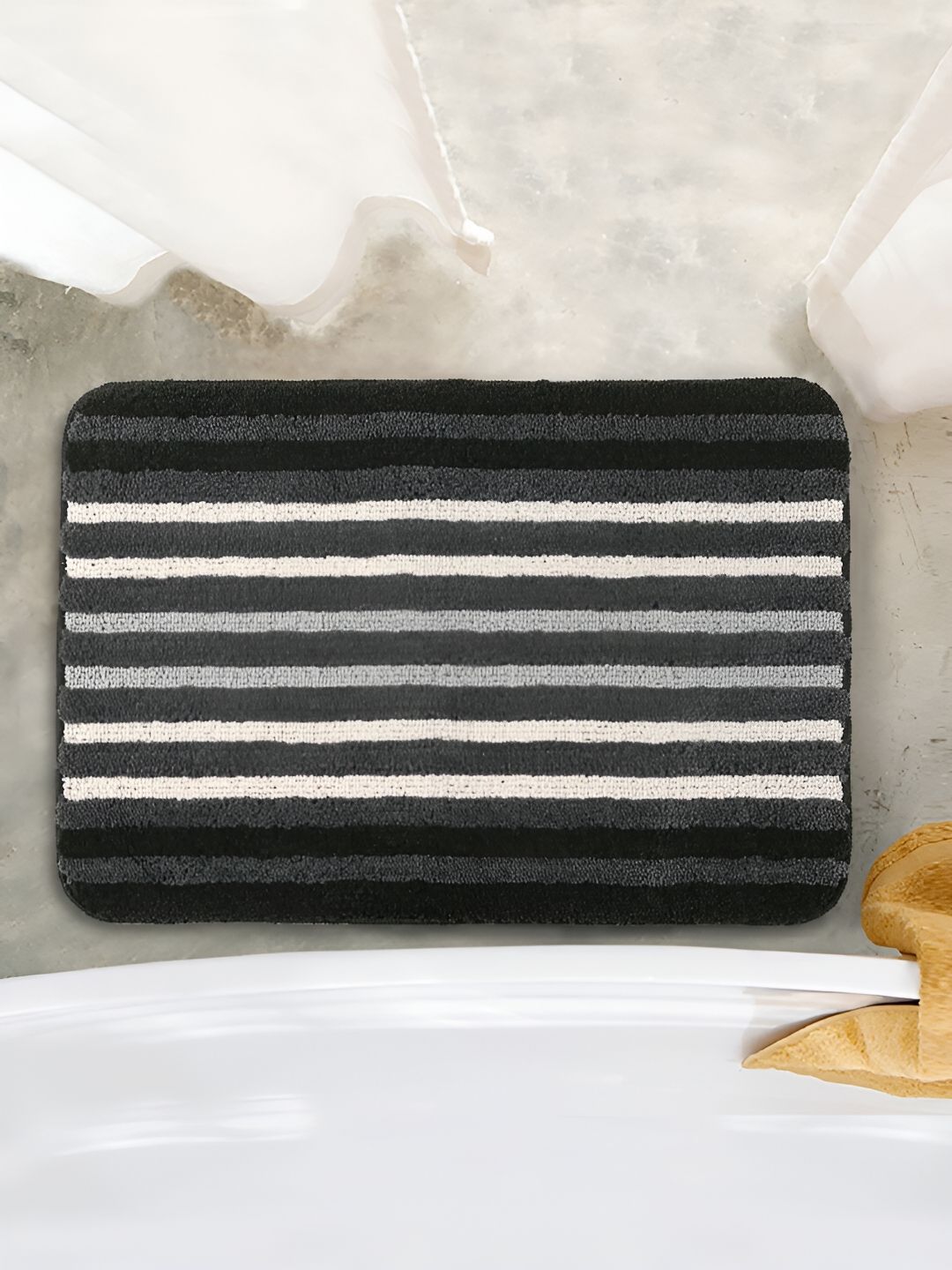 Saral Home Black Striped 650 GSM Anti-Skid Bath Rug