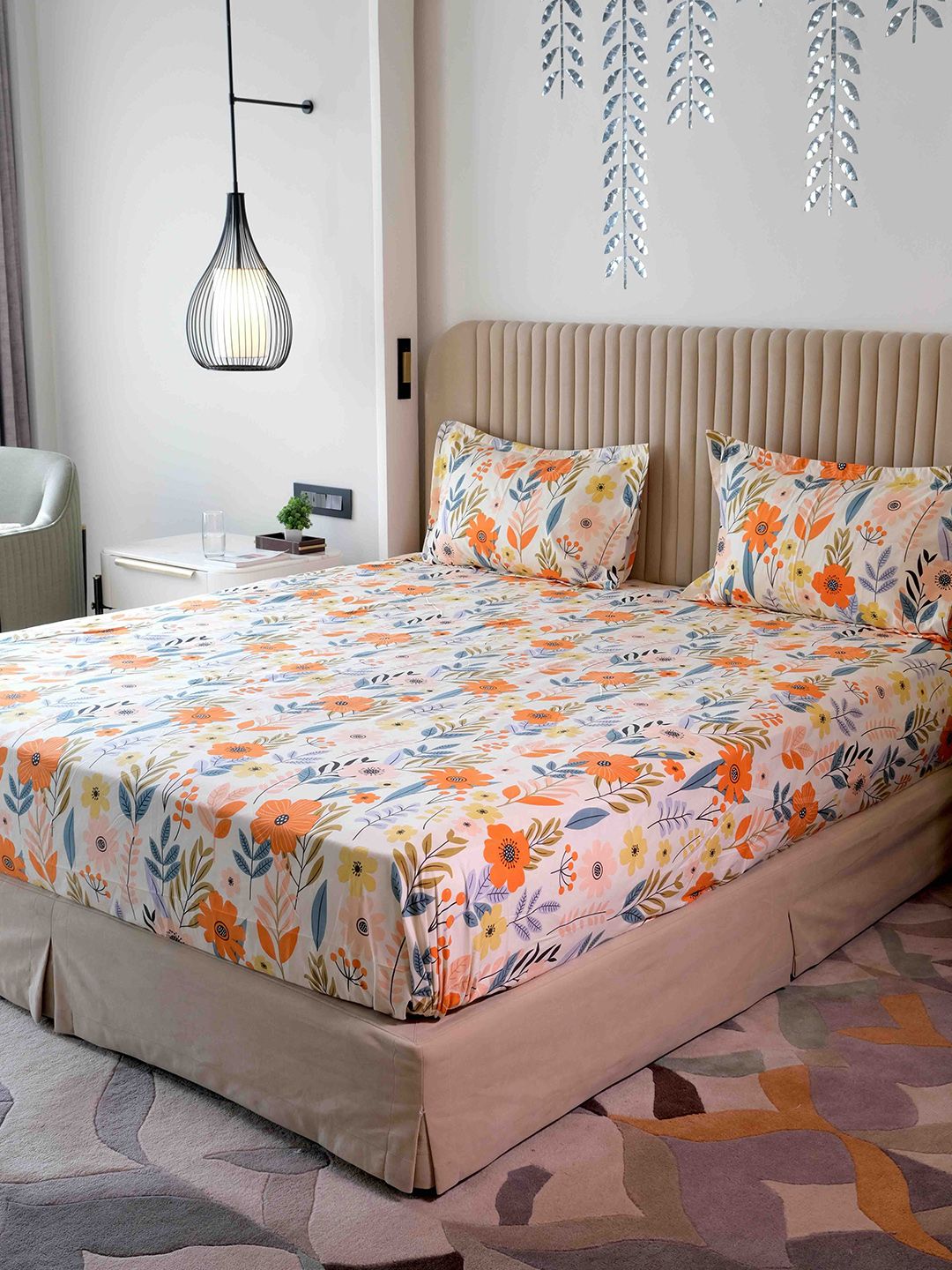 Pure Decor Pure Decor Orange Cotton Feel Super King Size Double Bed Bedsheet With 2 Pillow Cover 2.74X2.74M