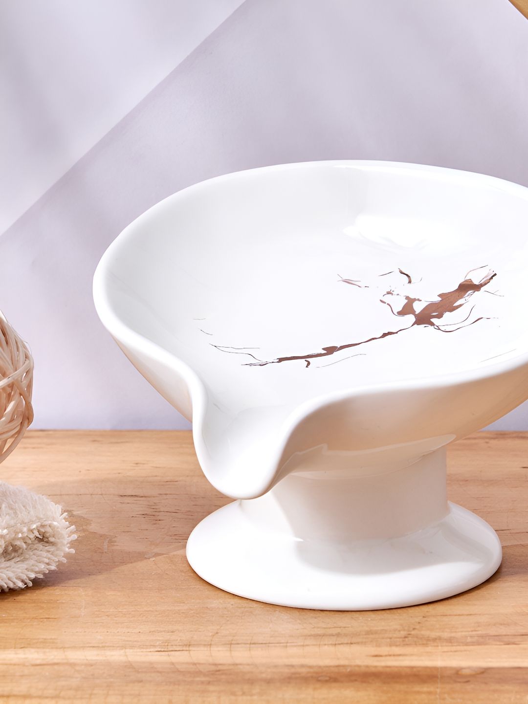 Home Centre White & Copper-Toned Abstract Ceramic Soap Dish