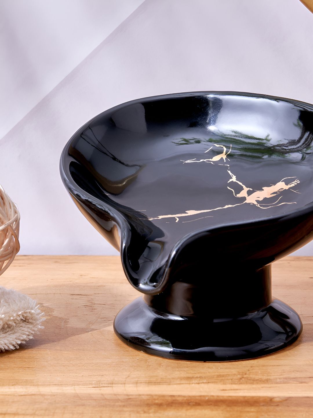 Home Centre Black & Gold-Toned Abstract Ceramic Soap Dish