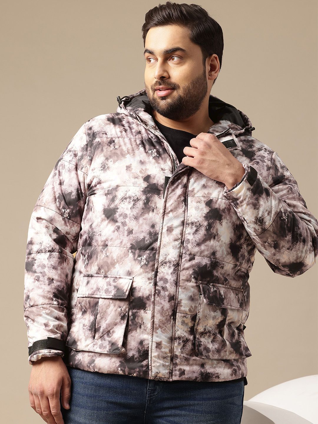 Sztori Plus Size Tie and Dye Printed Hooded Padded Jacket