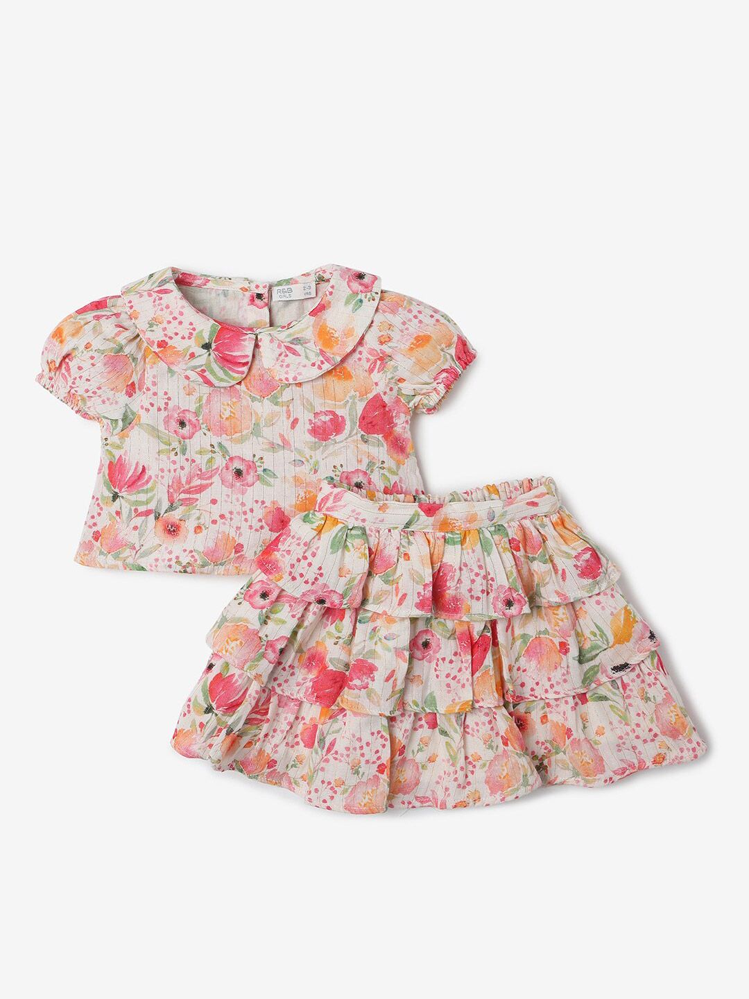R&B Girls Floral Printed Pure Cotton Top With Skirt