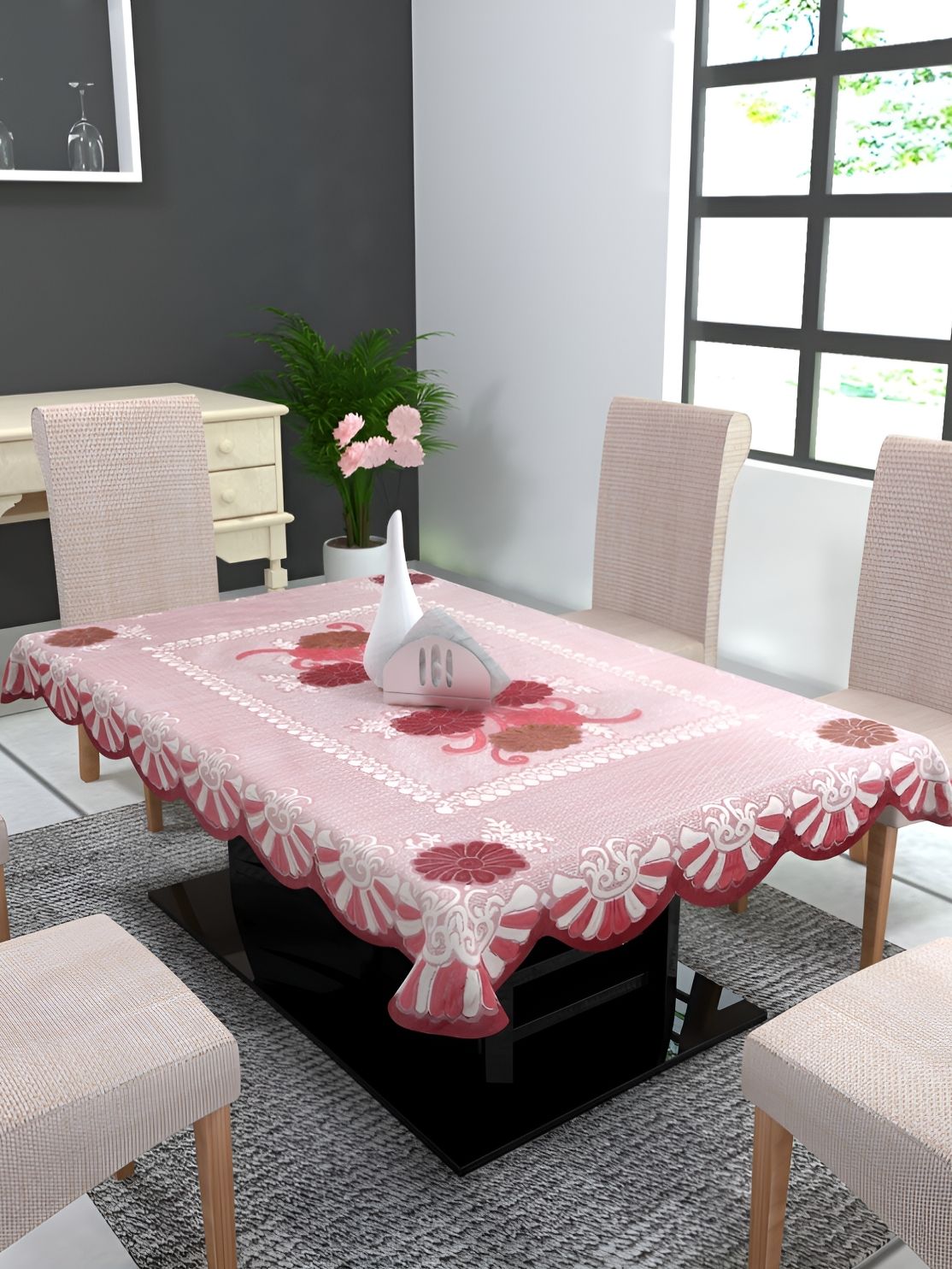 TANLOOMS Maroon & Pink Floral Cotton 6-Seater Rectangle Table Cover