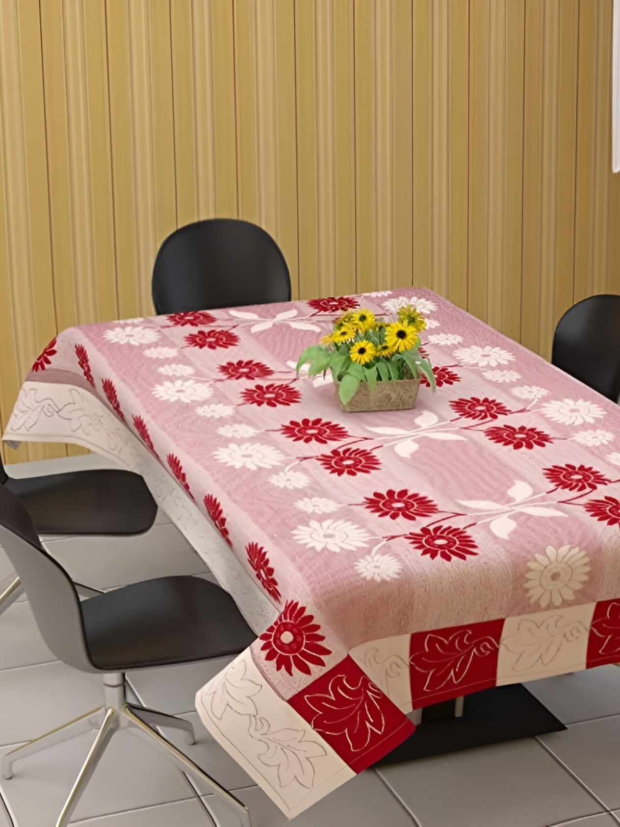 TANLOOMS Maroon & White Floral Cotton 6-Seater Rectangle Table Cover
