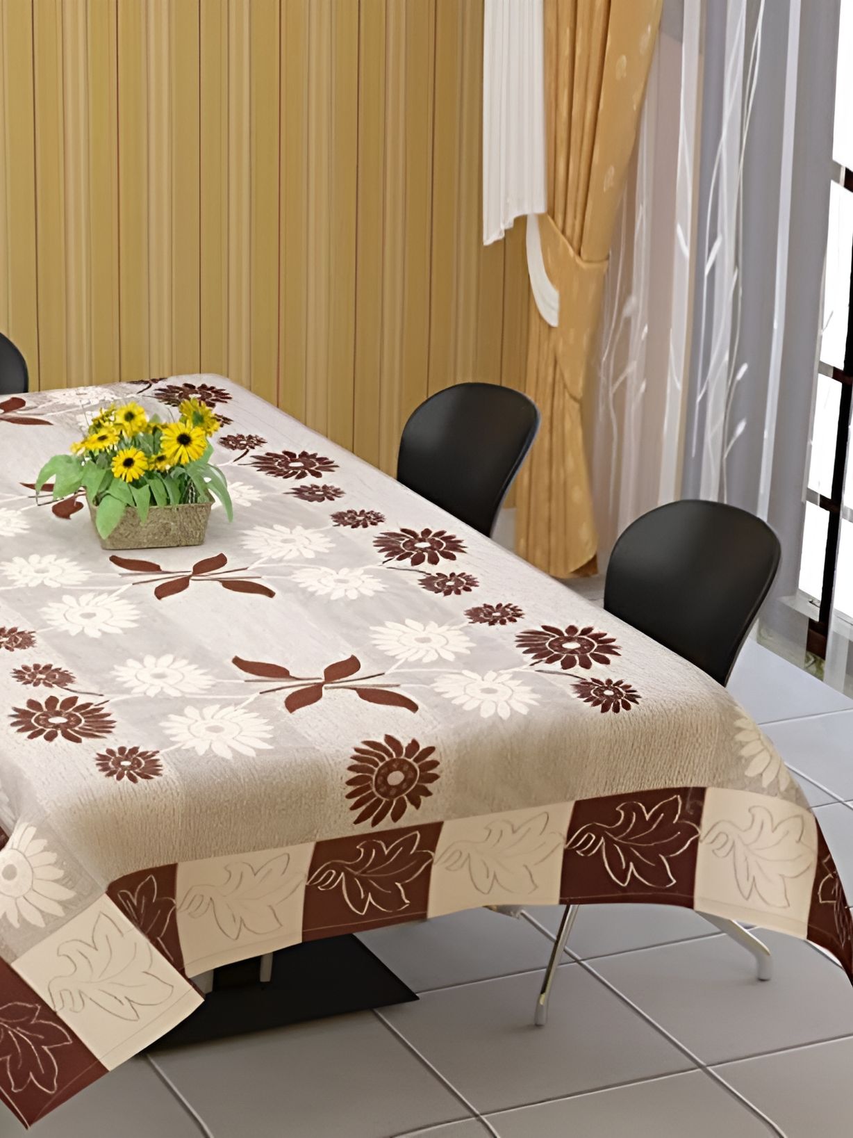 TANLOOMS Brown & White Floral Print Cotton Rectangle 6-Seater Table Cover